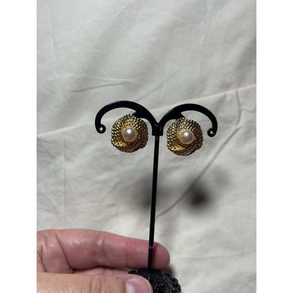 Gold Tone Knot Rope Faux Pearl Clip-On Earrings - Picture 4 of 13